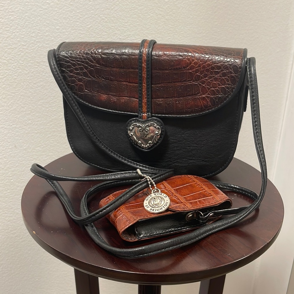 Vintage Brighton One World Leather Crock Embossed Silver Heart Crossbody